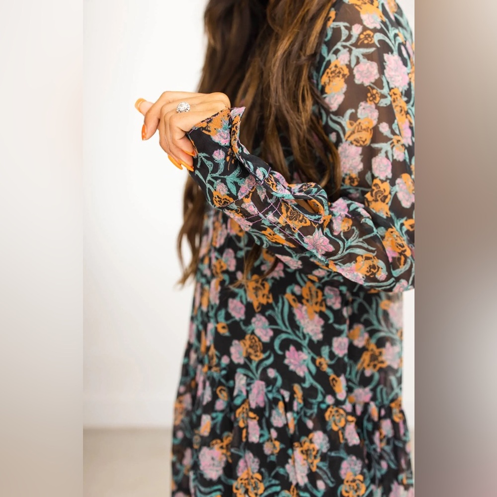 NWT Free People See It Through Floral Chiffon Maxi Dress Long Sleeve Sz XS - Picture 11 of 12